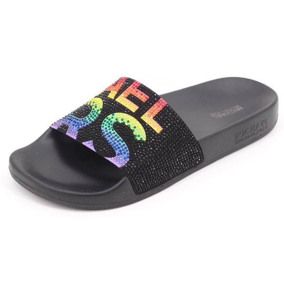 New Michael Kors 7 Gilmore Embellished Slide Sandals Black Multi - Picture 7 of 16